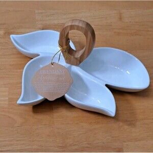 Brandani Italian 4 Section White Porcelain Appetizer Set with Bamboo Handle NWT